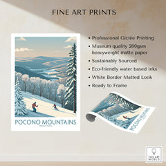 Pocono Mountains travel poster art print with skiers, snowy landscape, and forest view.