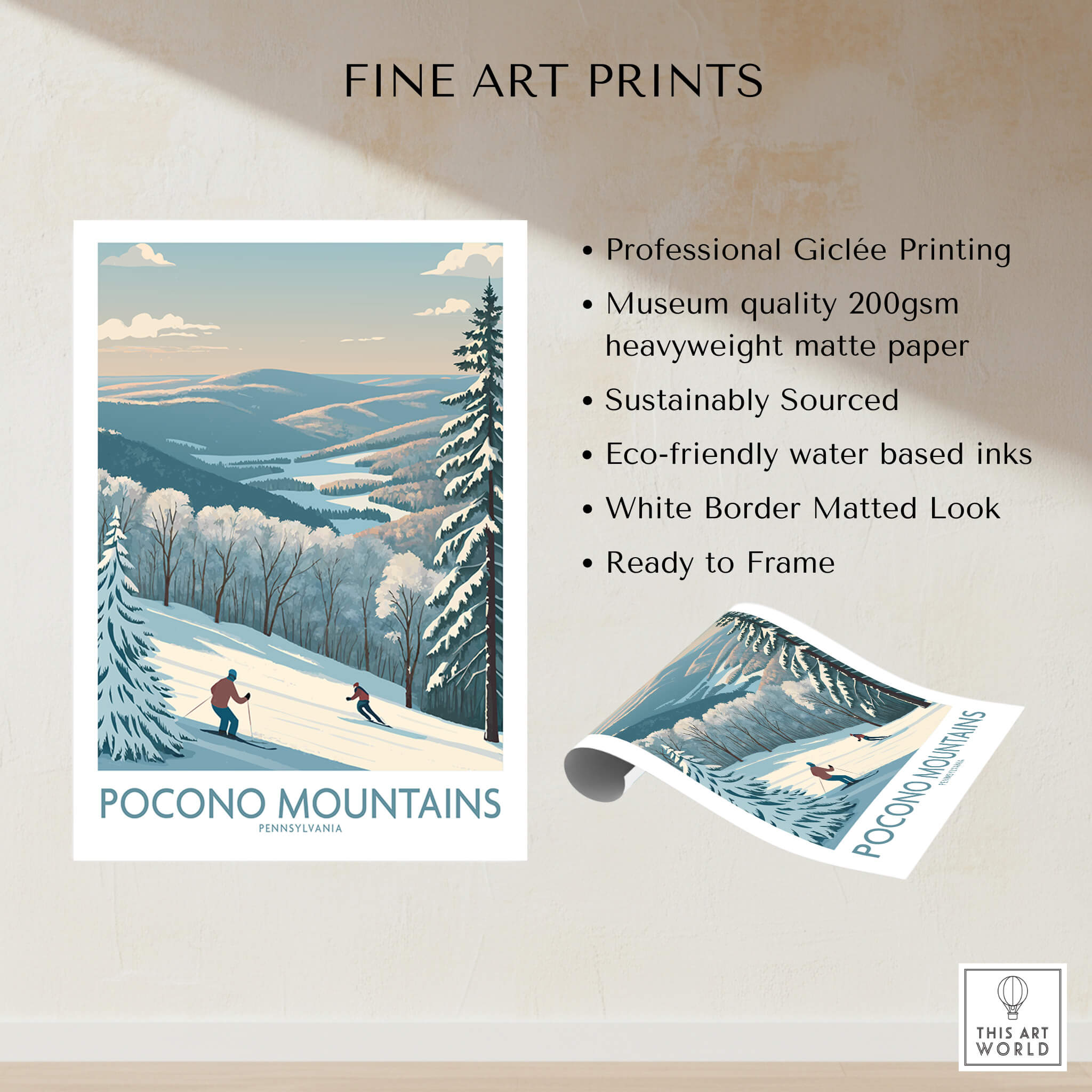 Pocono Mountains travel poster art print with skiers, snowy landscape, and forest view.