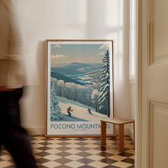 Pocono Mountains Pennsylvania ski art print with skiers and snowy landscape in home decor setting