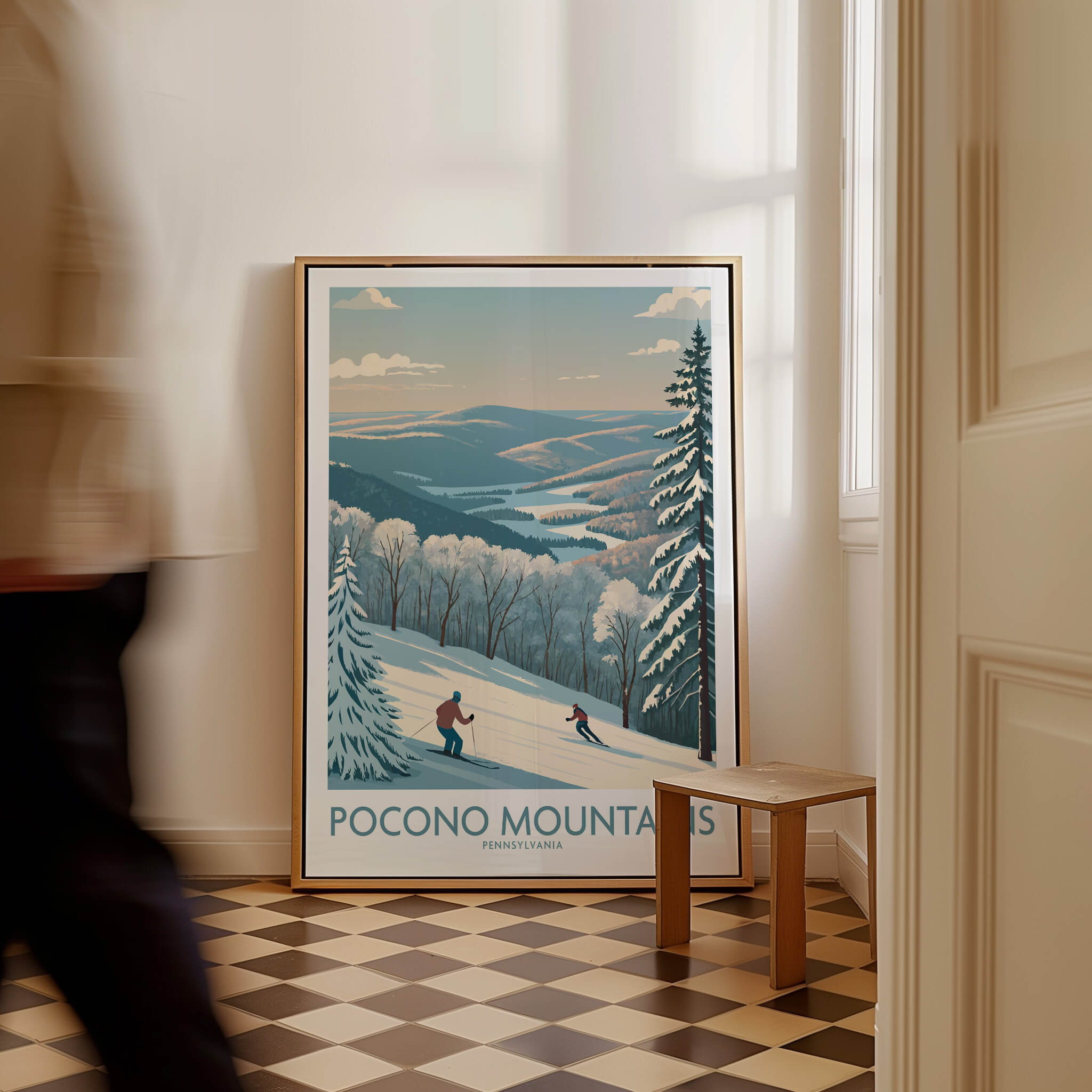 Pocono Mountains Pennsylvania ski art print with skiers and snowy landscape in home decor setting