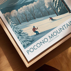 Pocono Mountains Pennsylvania travel poster with skiers on snowy slopes and winter trees