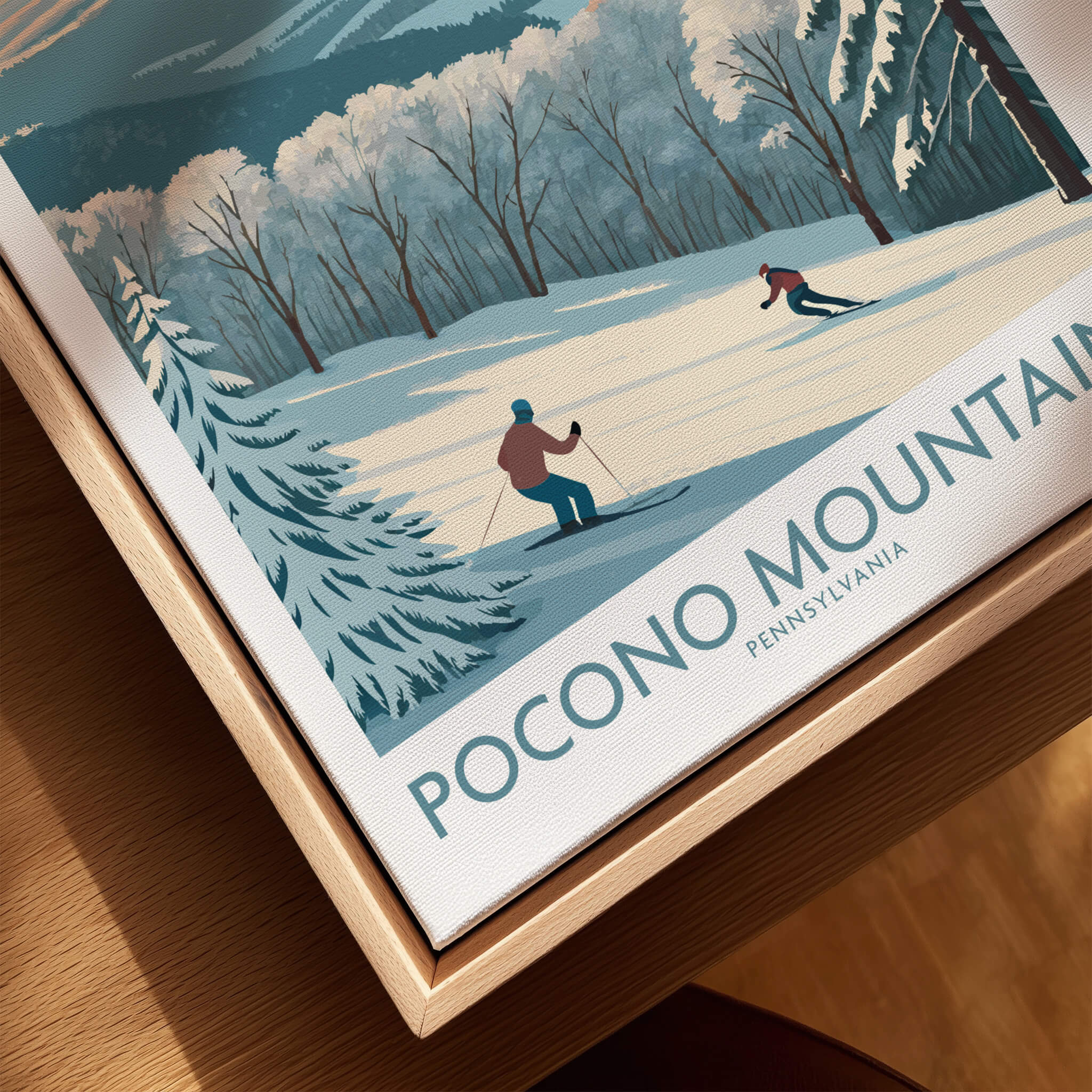Pocono Mountains Pennsylvania travel poster with skiers on snowy slopes and winter trees