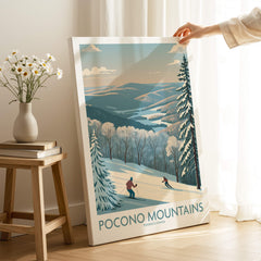 Pocono Mountains travel poster print with skiers, snowy landscape, and vintage wall art style