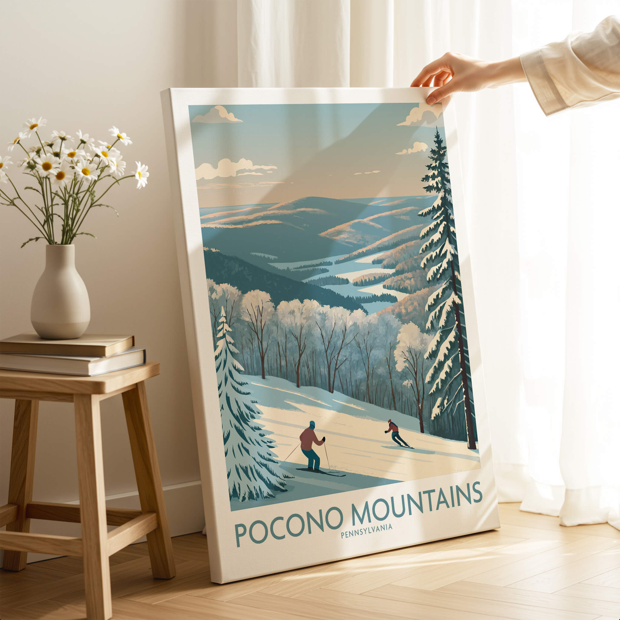Pocono Mountains travel poster print with skiers, snowy landscape, and vintage wall art style