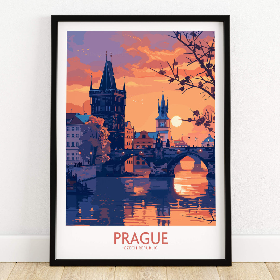 Prague Print showcasing a vibrant depiction of Prague's architecture and sunset reflections in a stylish frame.