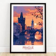Prague Print showcasing a vibrant depiction of Prague's architecture and sunset reflections in a stylish frame.