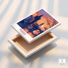 Prague Print showcased on a box, featuring vibrant artwork of the cityscape and sunset, perfect for home decor.