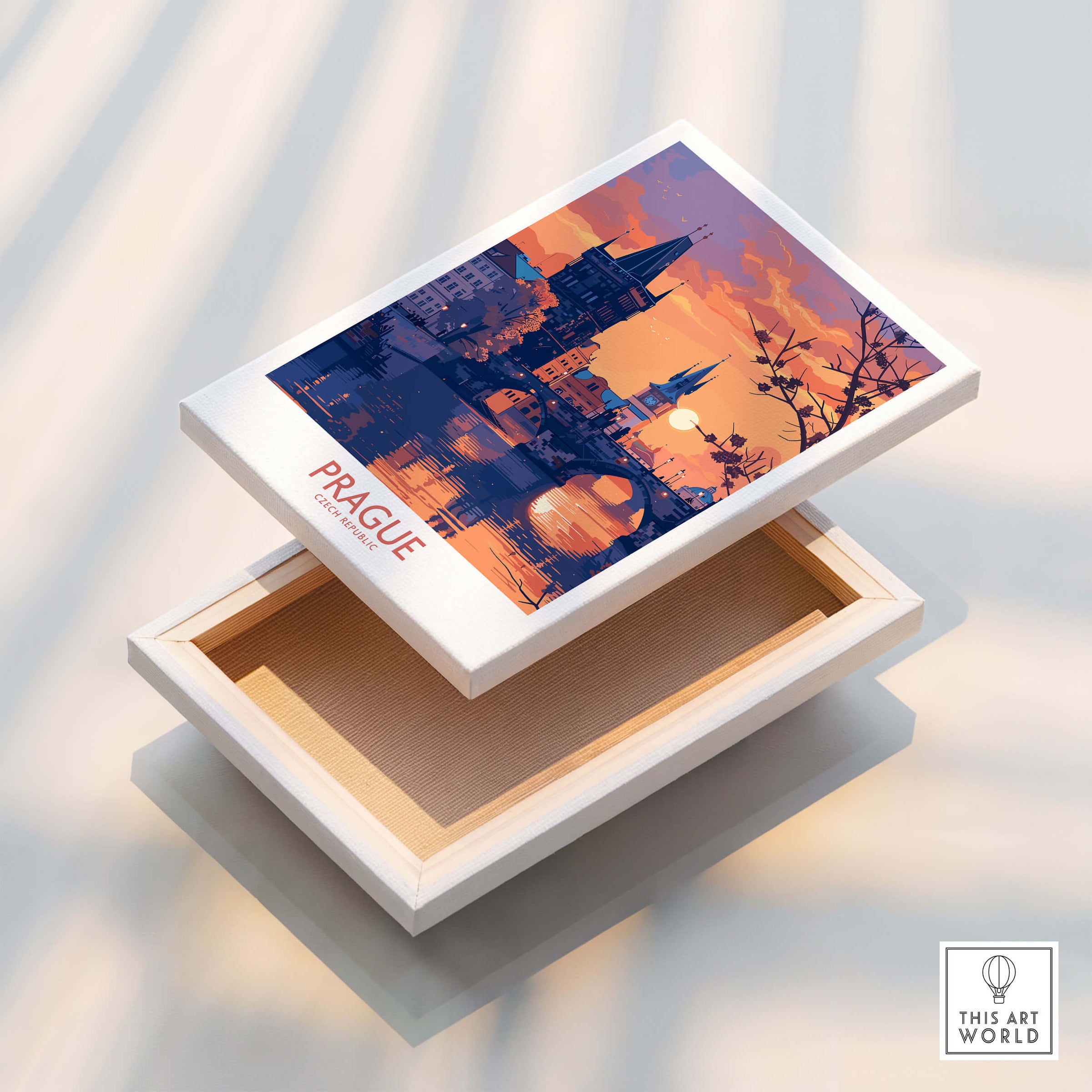 Prague Print showcased on a box, featuring vibrant artwork of the cityscape and sunset, perfect for home decor.