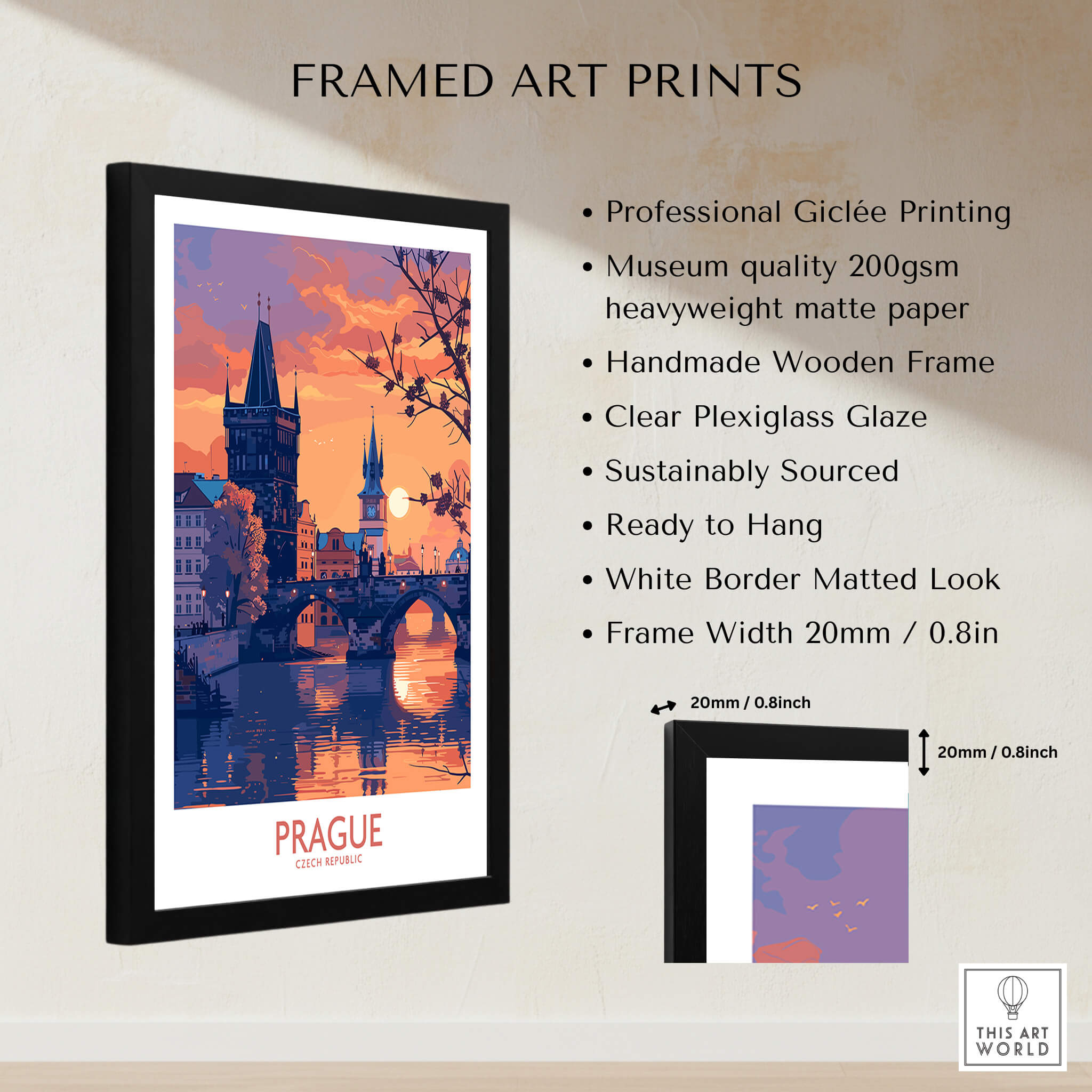Prague Print framed art print showcasing a vibrant view of Prague with a handmade wooden frame and professional Giclée printing.