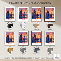 Framed Prague Print options in black, white, natural, brown, gold, silver, dark grey, and light grey colors.
