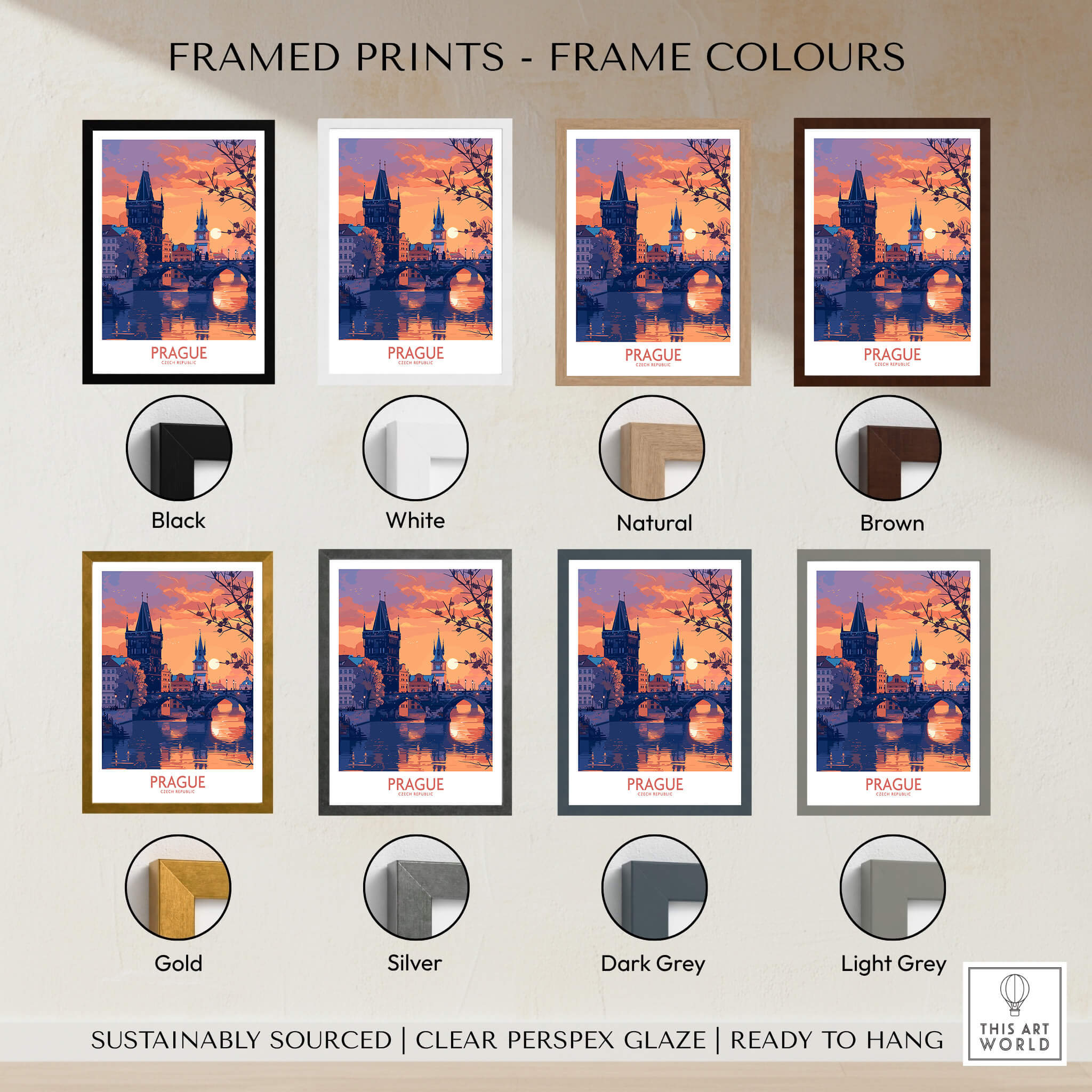 Framed Prague Print options in black, white, natural, brown, gold, silver, dark grey, and light grey colors.