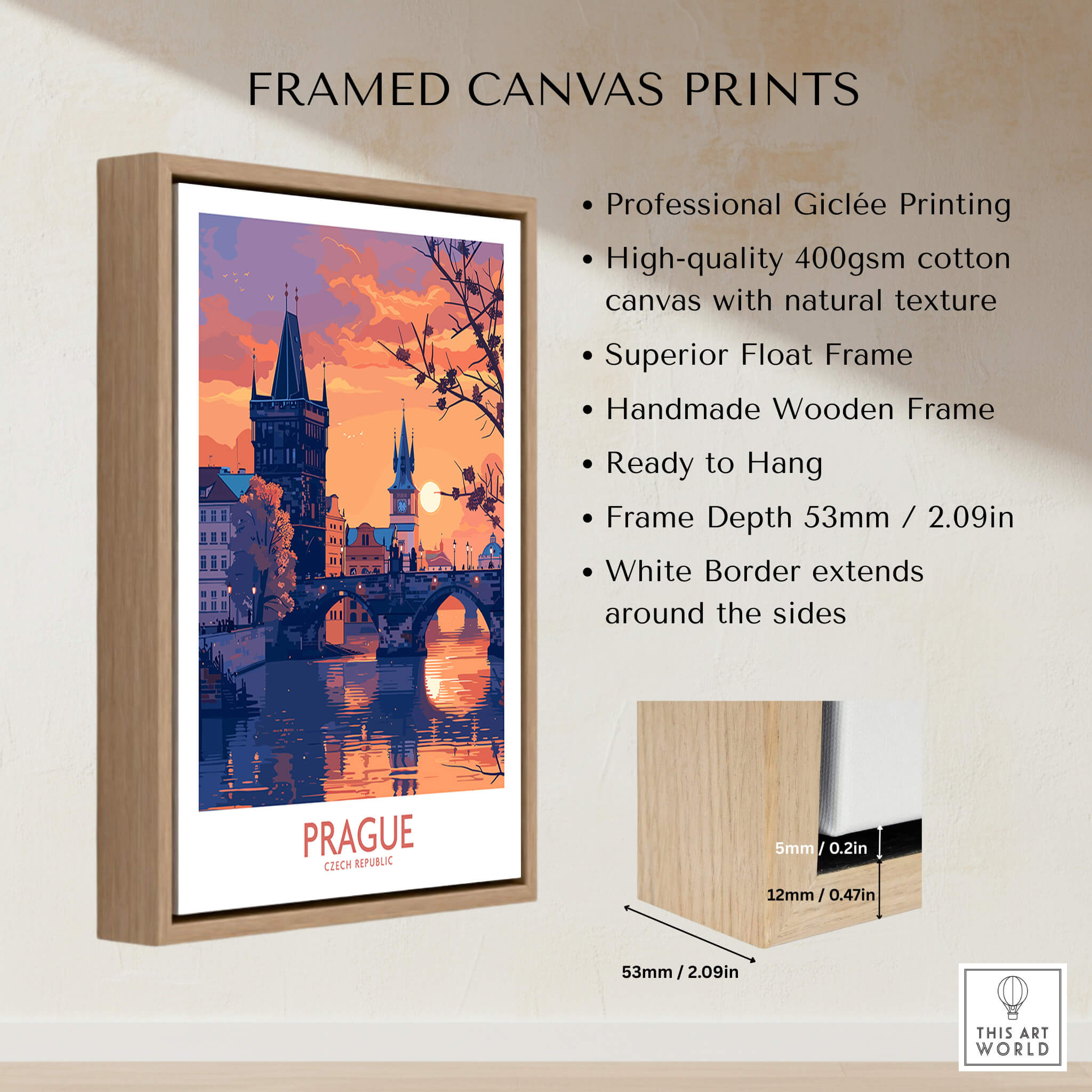 Framed Prague Print showcasing the beautiful cityscape of Prague, crafted with high-quality Giclée printing.