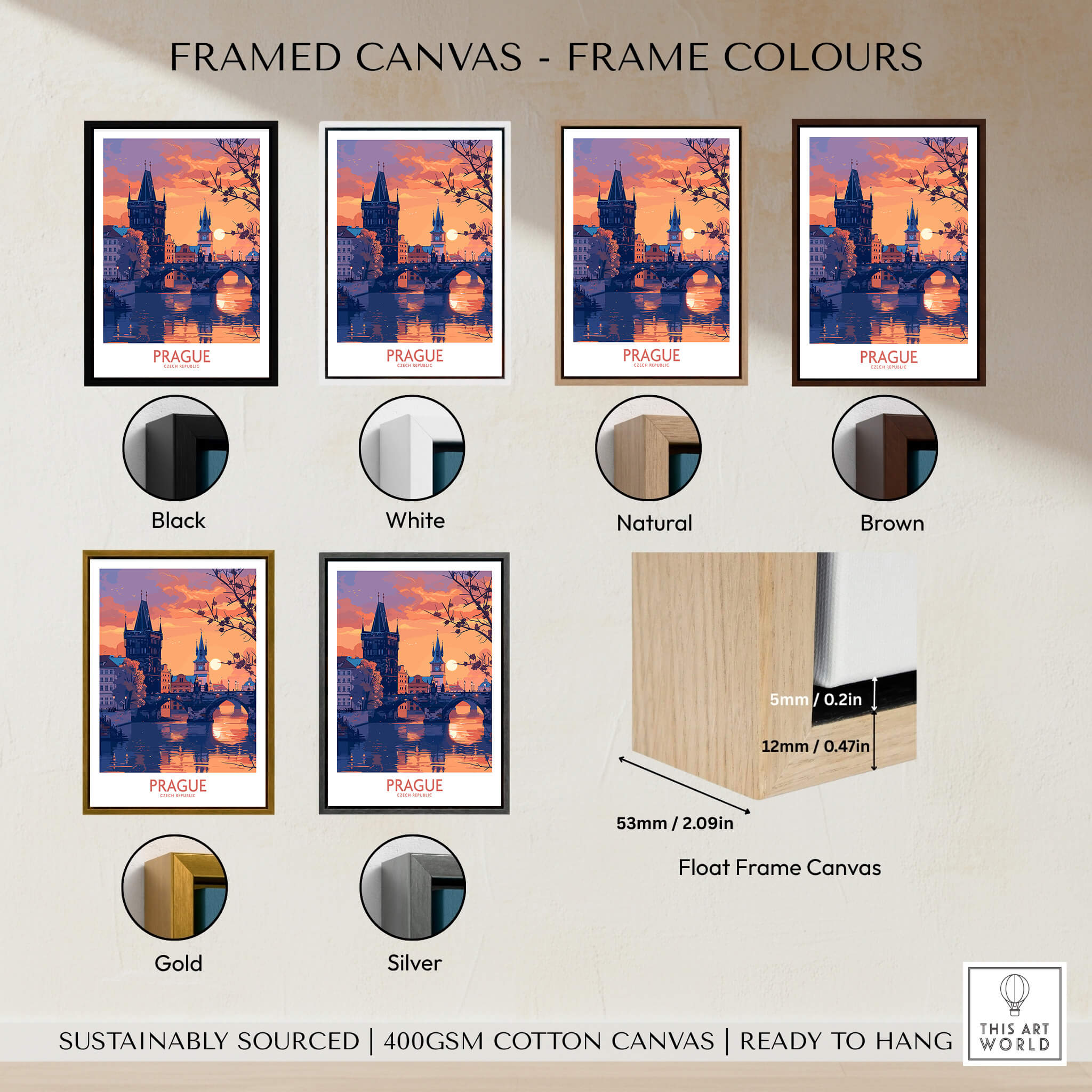 Prague Print framed canvas options in various colors including Black, White, Natural, Brown, Gold, and Silver.