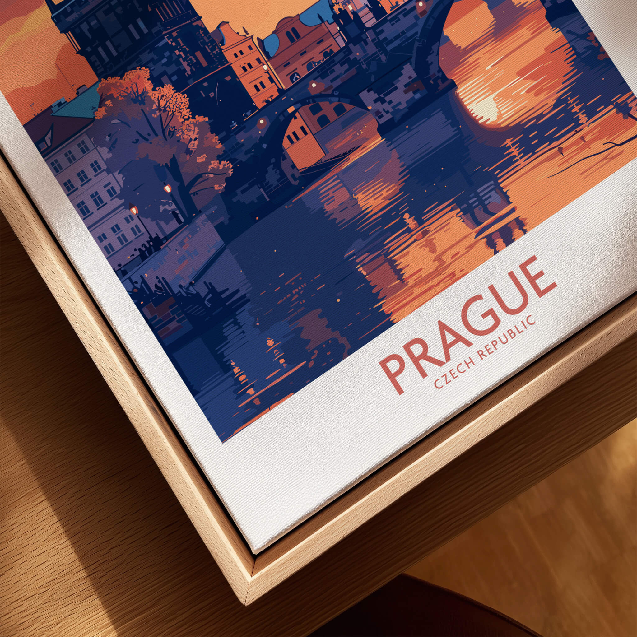 Prague Print showcasing a vibrant sunset over the cityscape of Prague, Czech Republic in decorative frame.