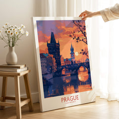 Prague Print showcasing a vibrant sunset view of Prague's iconic architecture and river reflection.