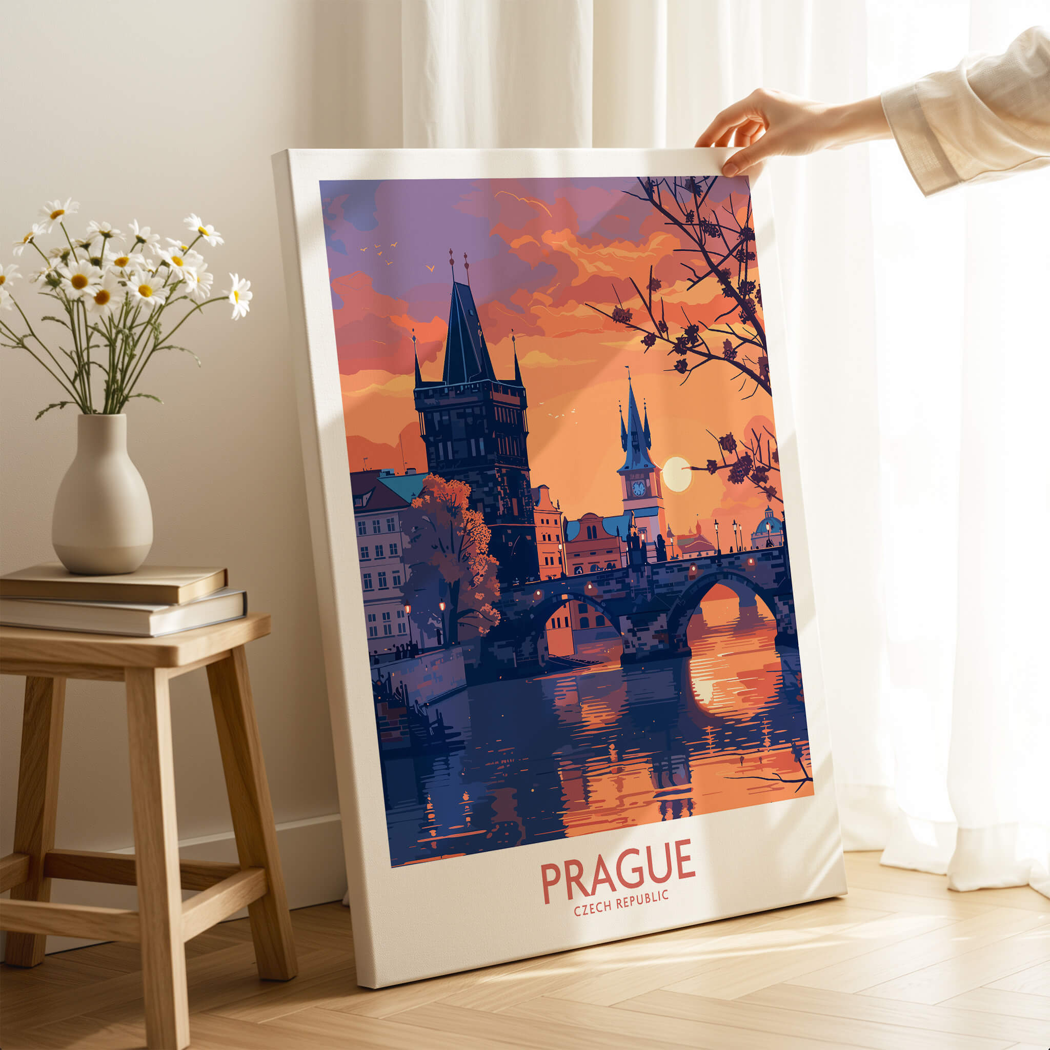 Prague Print showcasing a vibrant sunset view of Prague's iconic architecture and river reflection.