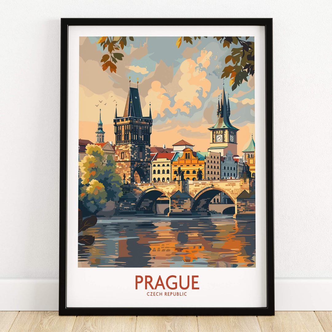 Prague Travel Poster featuring a beautiful view of the cityscape, showcasing the architecture and the river.