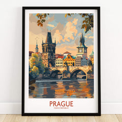 Prague Travel Poster featuring a beautiful view of the cityscape, showcasing the architecture and the river.