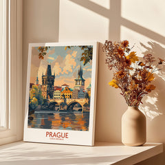 Prague Travel Poster featuring beautiful architecture and scenic river views, perfect for home or office decoration.