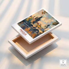 Prague Travel Poster design on a box showcasing the beauty of Prague's architecture and river.