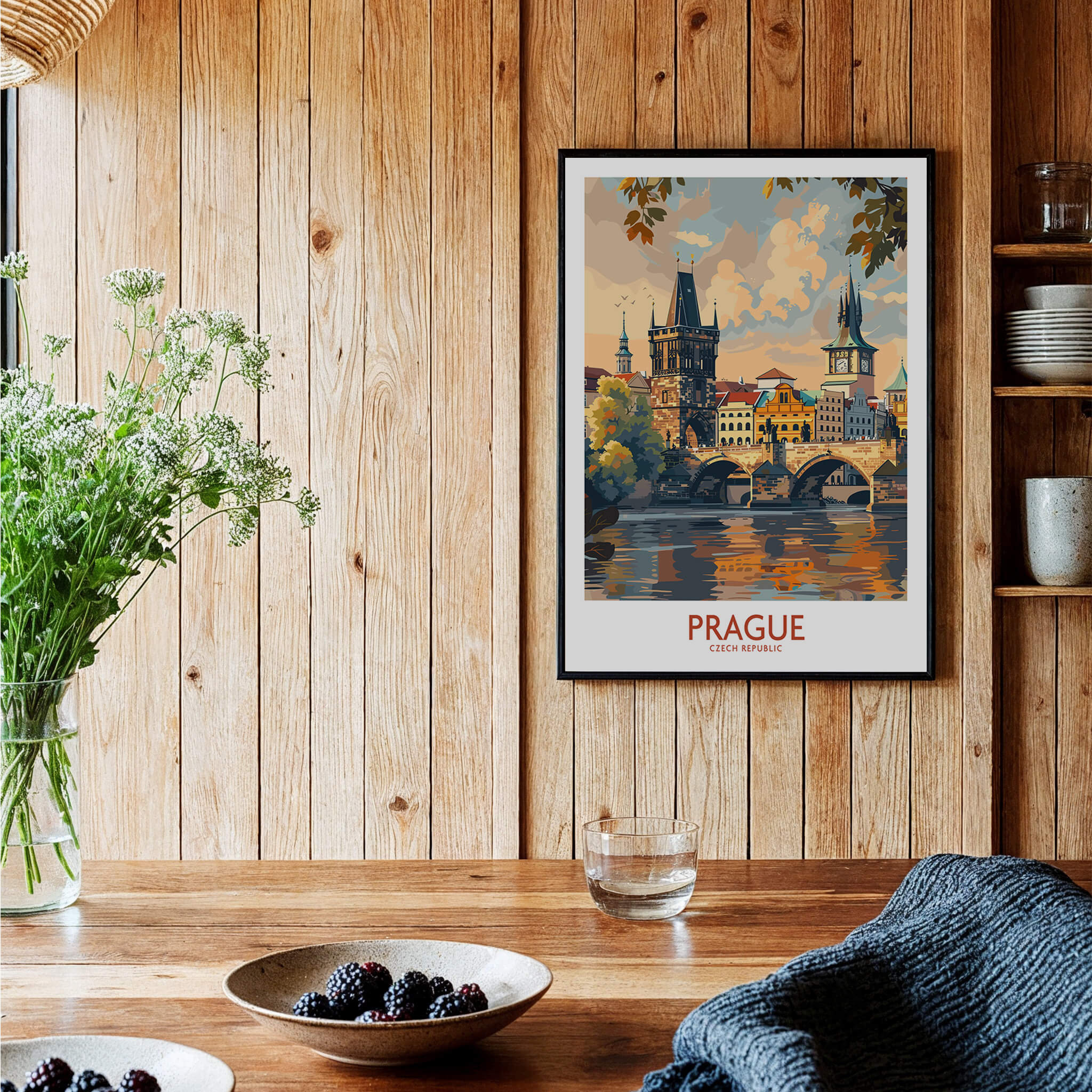 Prague Travel Poster featuring stunning architecture and scenery of Prague, Czech Republic in a stylish interior setting.