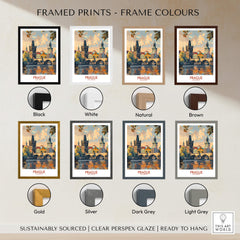Prague Travel Poster framed in various colours including black, white, natural, and brown options.