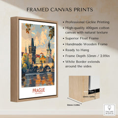 Prague Travel Poster framed canvas print showcasing iconic architecture and vibrant colors, ready to hang decor.