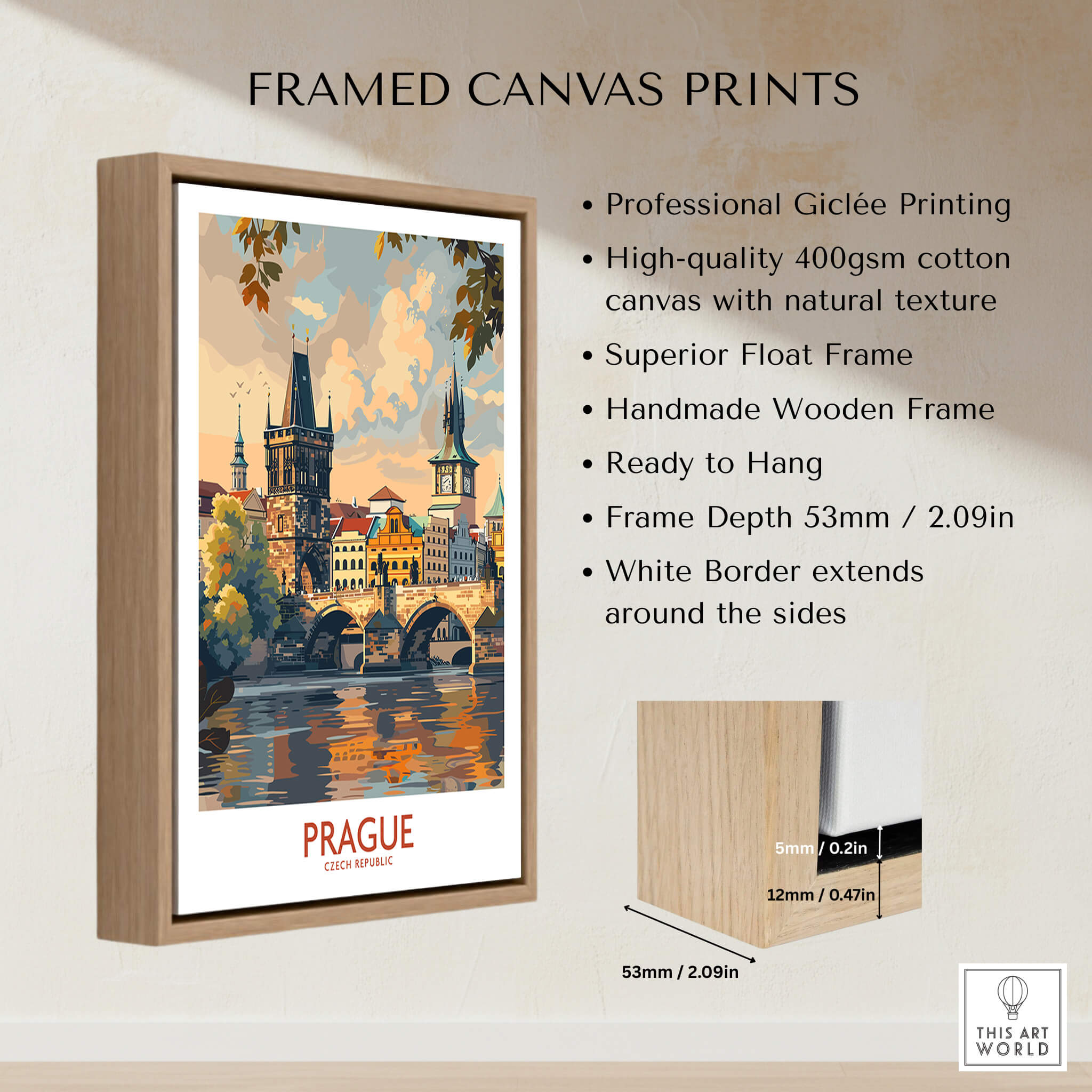 Prague Travel Poster framed canvas print showcasing iconic architecture and vibrant colors, ready to hang decor.