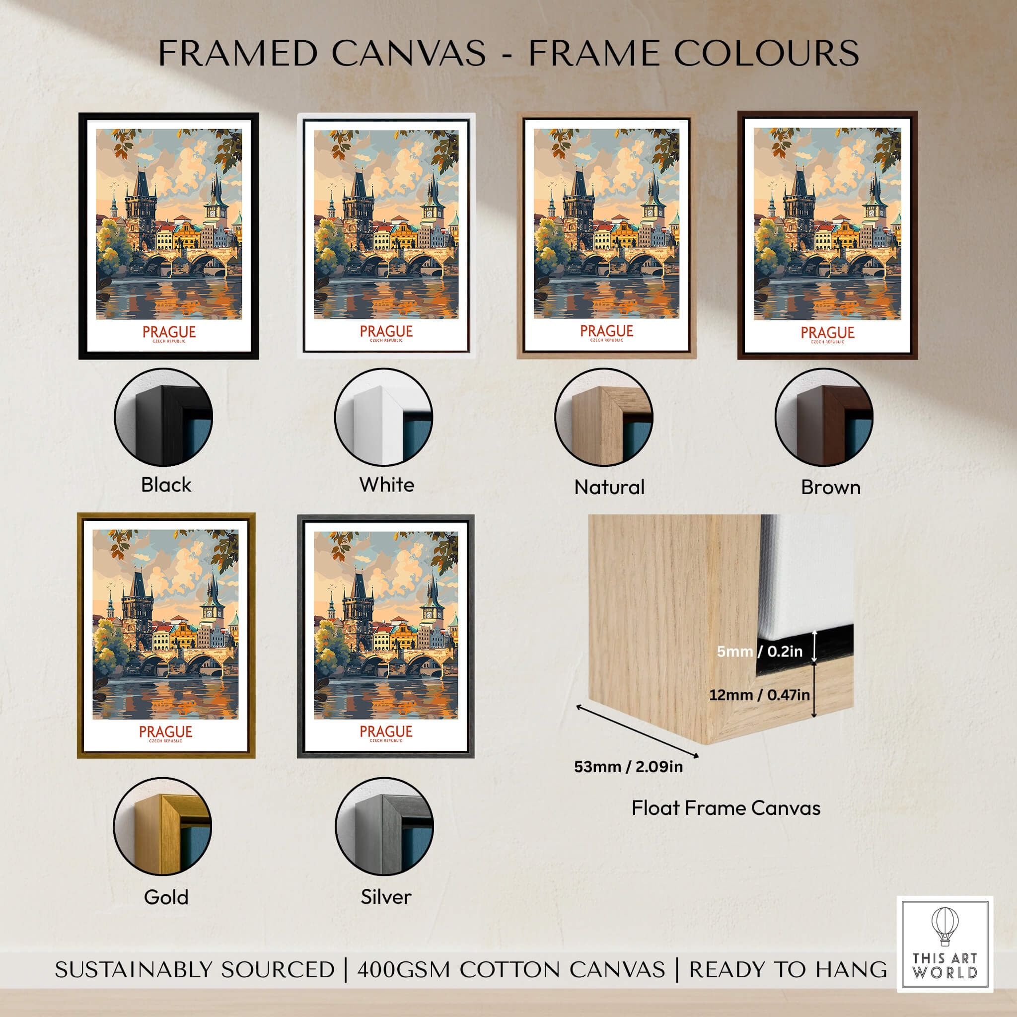 Prague Travel Poster framed canvas options in various colors including black, white, natural, brown, gold, and silver.