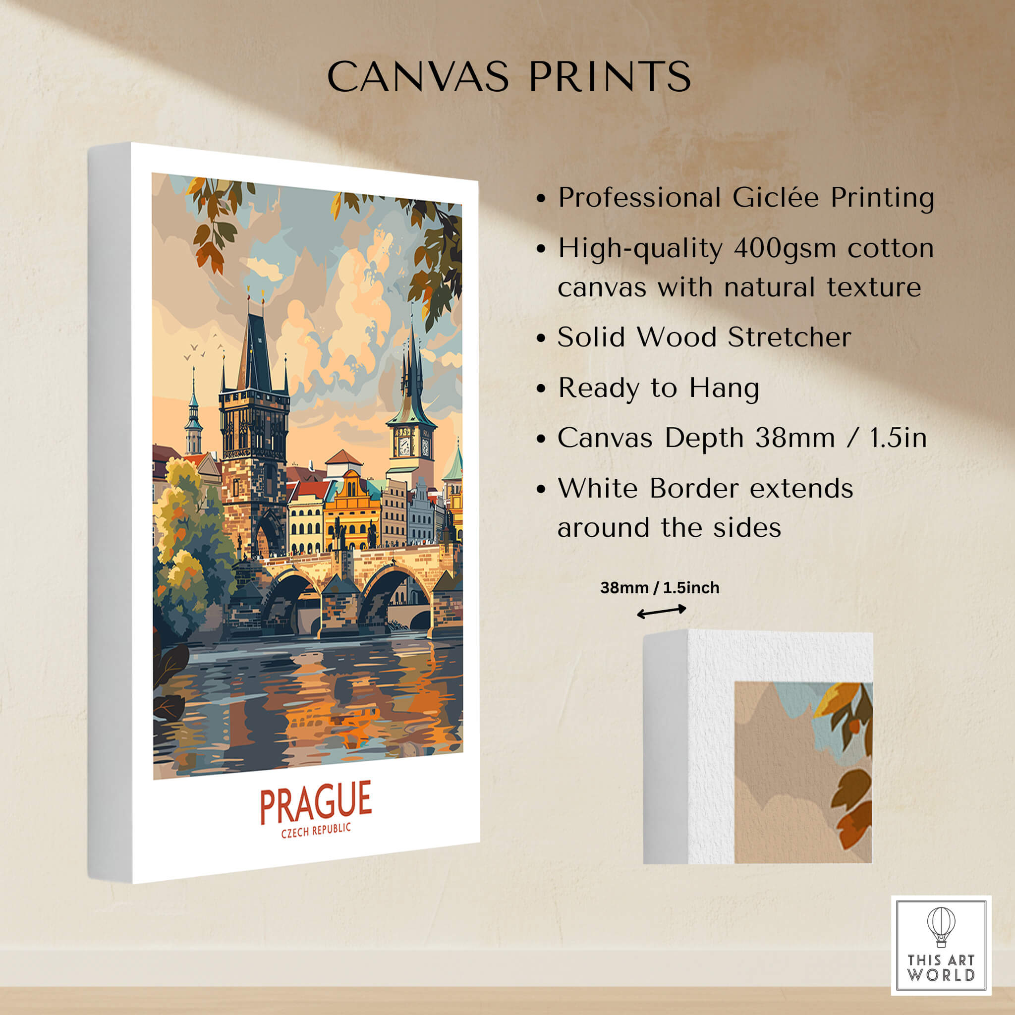 Prague Travel Poster canvas print featuring historic architecture and scenic river view.