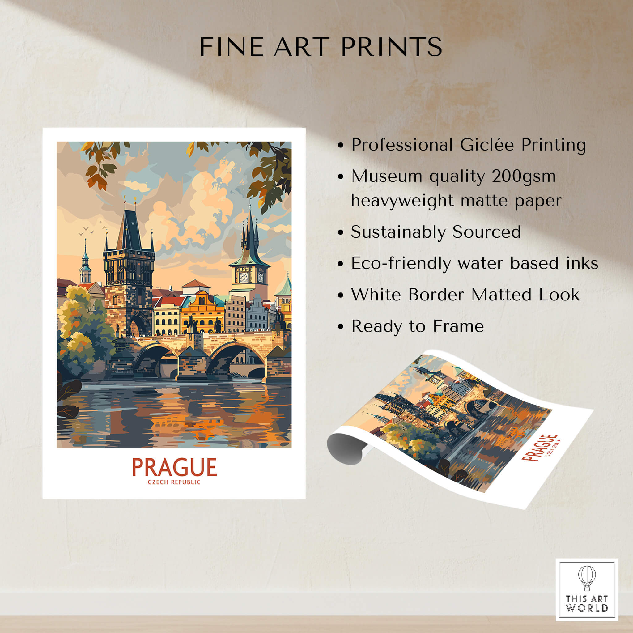 Prague Travel Poster showcasing stunning architecture and vibrant colors, ideal for home or office decor.
