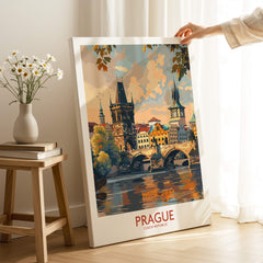 Prague Travel Poster showcasing the iconic Charles Bridge and vibrant architecture by the Vltava River.