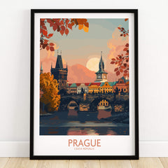 Prague Travel Print showcasing the iconic Charles Bridge and vibrant autumn foliage in Prague, Czech Republic.