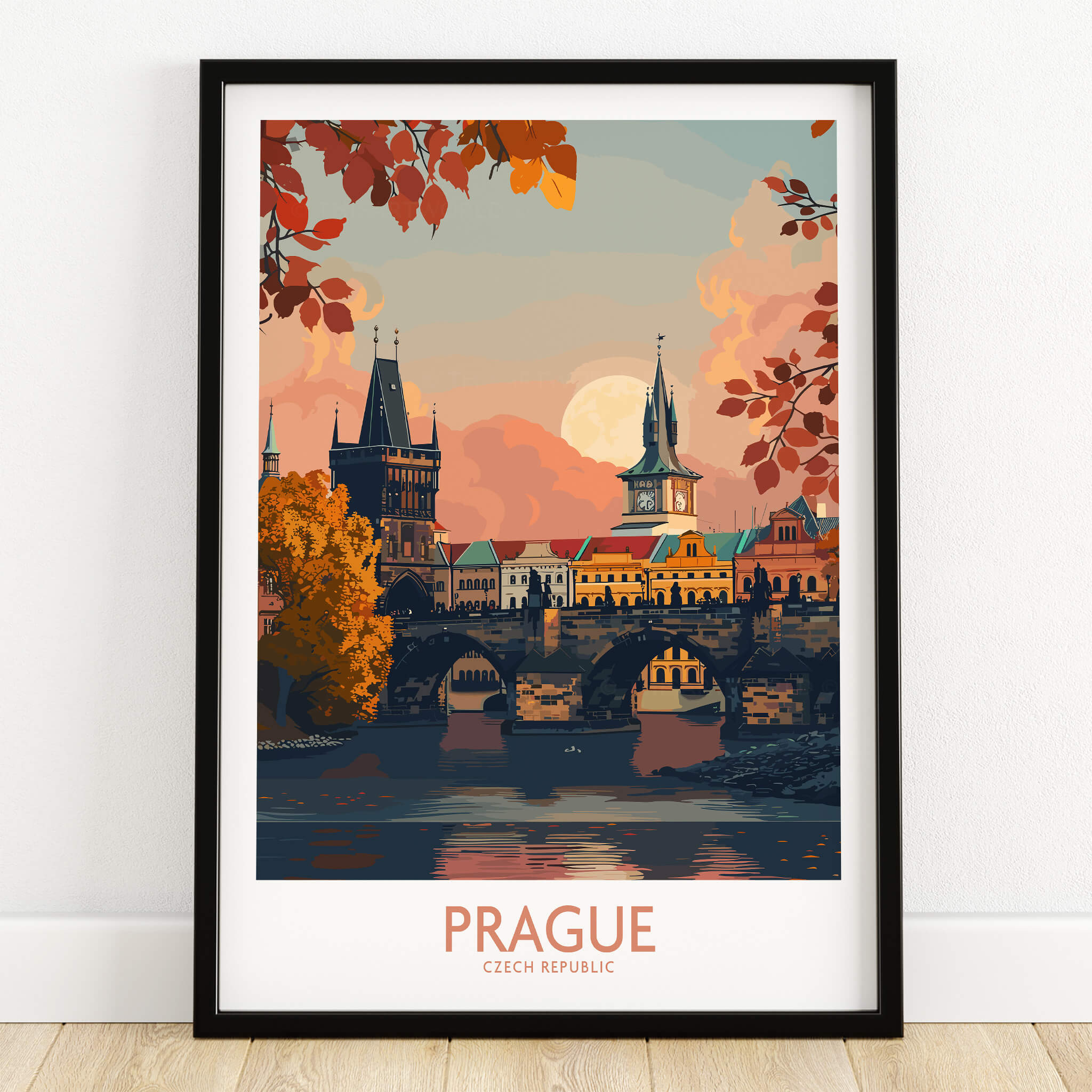 Prague Travel Print showcasing the iconic Charles Bridge and vibrant autumn foliage in Prague, Czech Republic.