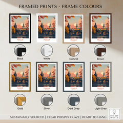 Prague Travel Print displayed in various frame colors including black, white, natural, brown, gold, silver, dark grey, and light grey.