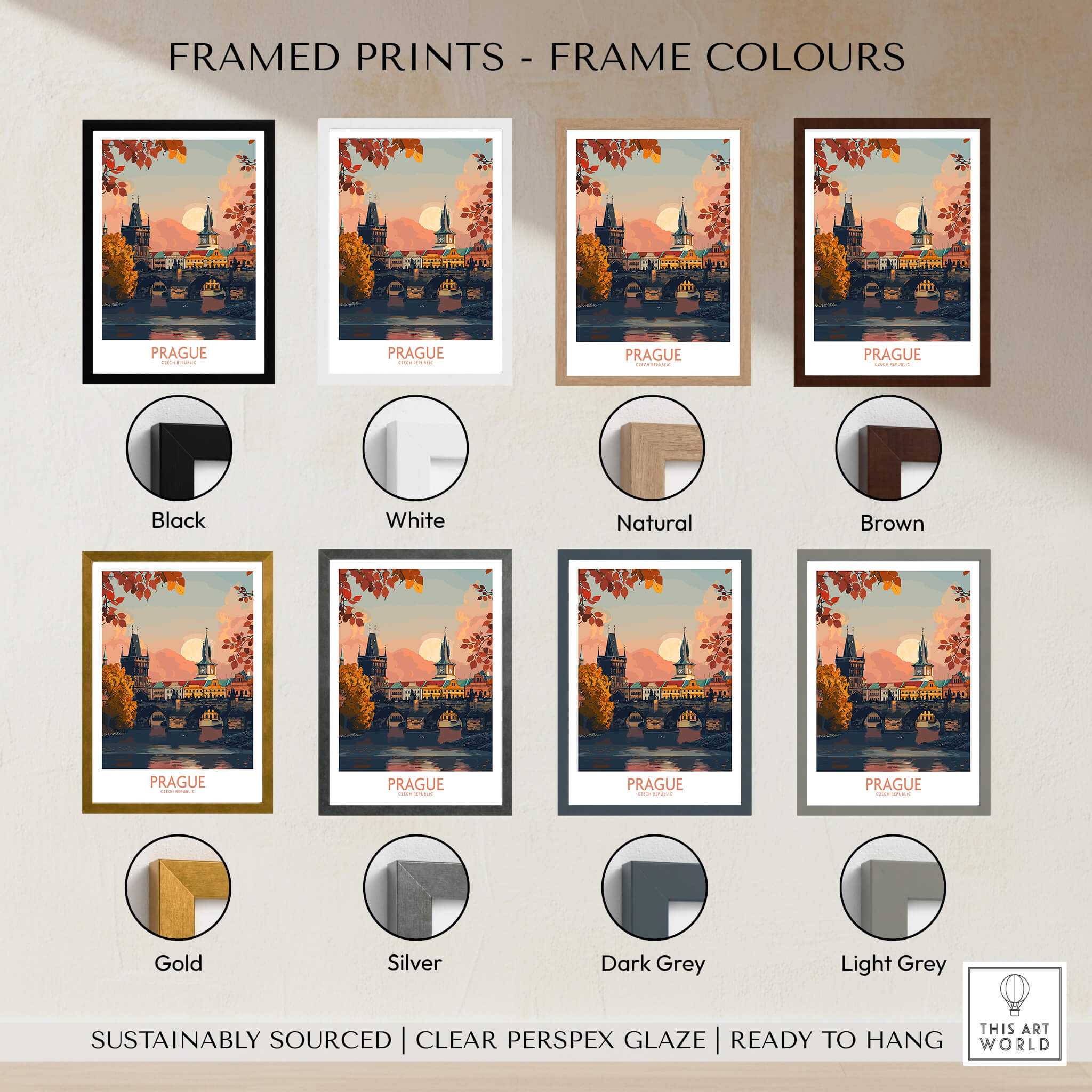 Prague Travel Print displayed in various frame colors including black, white, natural, brown, gold, silver, dark grey, and light grey.