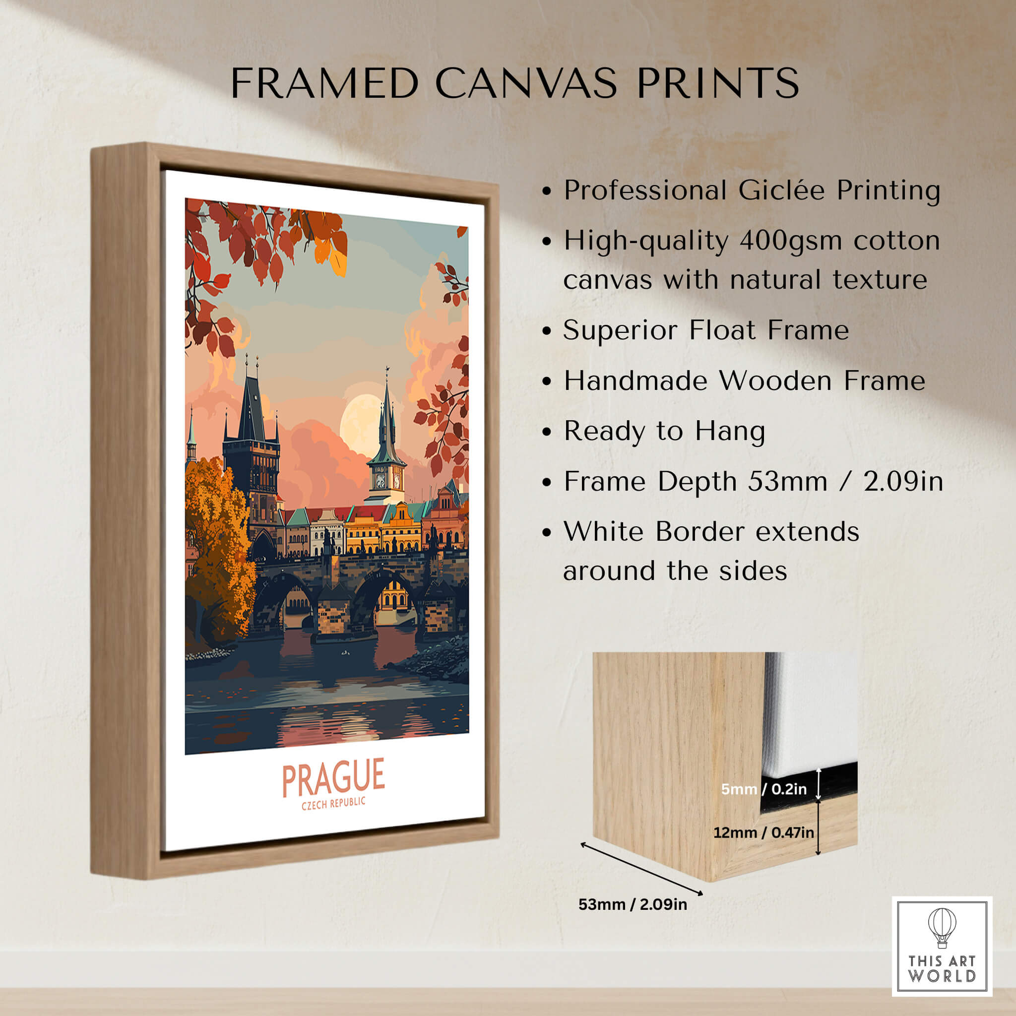 Prague Travel Print framed canvas showcasing historic architecture and vibrant colors of Prague.