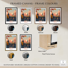 Framed canvas options for Prague Travel Print in various colors like black, white, natural, brown, gold, and silver.