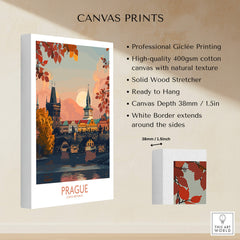 Prague Travel Print showcasing a beautiful river view of historic architecture and vibrant fall leaves.