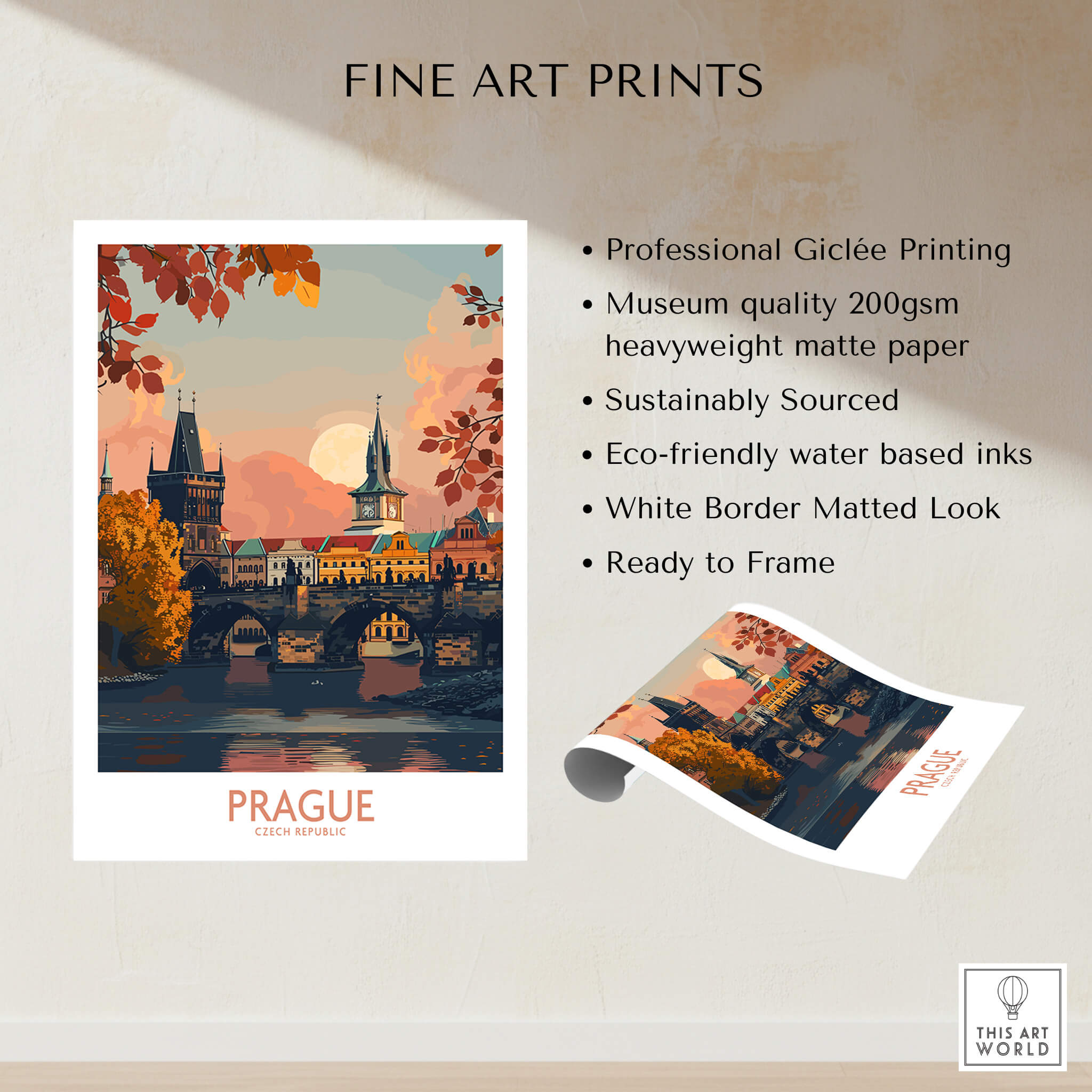 Prague Travel Print showcasing the historic architecture of Prague with vibrant autumn colors and water reflections.