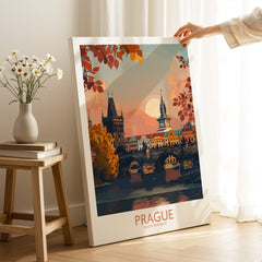 Prague Travel Print showcasing historic architecture and vibrant colors of Prague in a stylish living room setting.