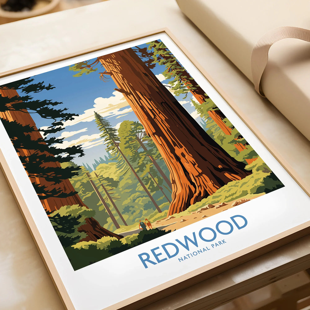 Redwood National Park art print in natural wood frame, closeup view, unwrapped on a table