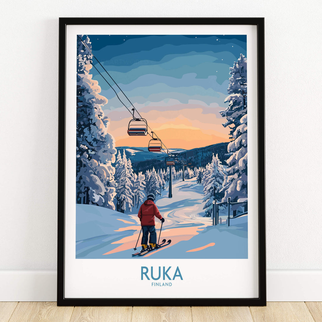 Finland Ski Resort Art - Ruka Snow Scene Print, Scandinavian Wall Decor featuring a skier at sunset in Ruka.
