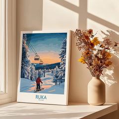 Finland Ski Resort Art - Ruka Snow Scene Print, Scandinavian Wall Decor featuring snow-covered slopes and ski lift.