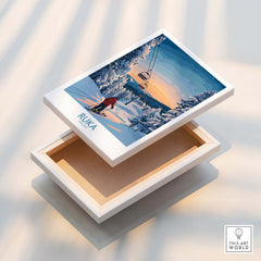 Finland Ski Resort Art - Ruka Snow Scene Print, Scandinavian Wall Decor displayed on a keepsake box.