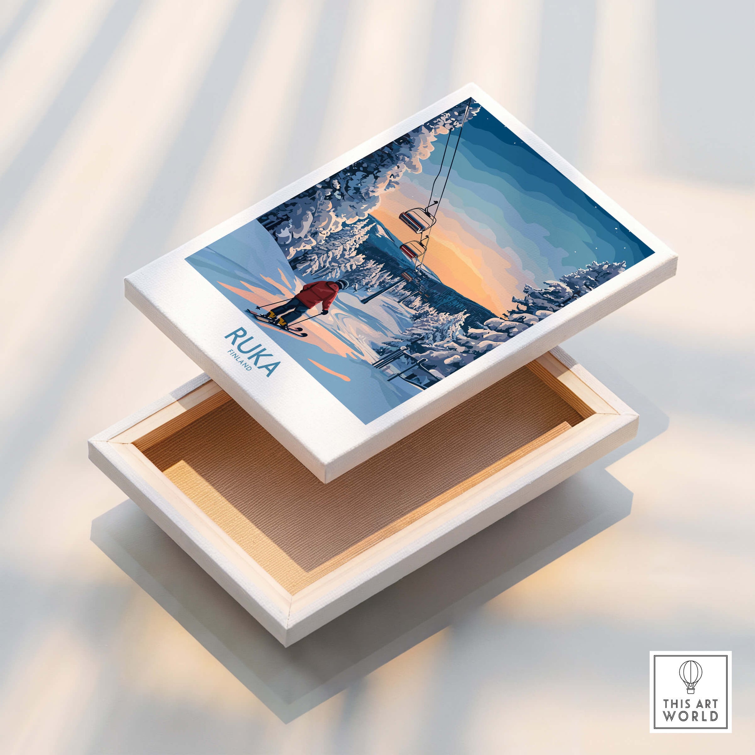 Finland Ski Resort Art - Ruka Snow Scene Print, Scandinavian Wall Decor displayed on a keepsake box.
