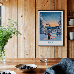 Finland Ski Resort Art - Ruka Snow Scene Print, Scandinavian Wall Decor displayed in a cozy wooden interior.