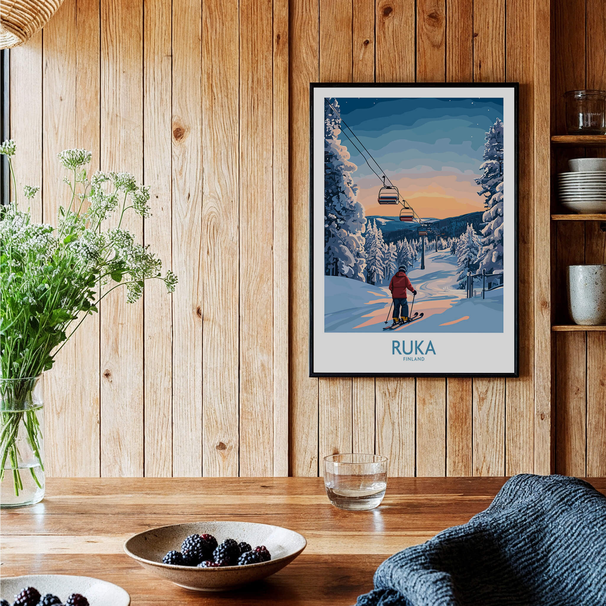 Finland Ski Resort Art - Ruka Snow Scene Print, Scandinavian Wall Decor displayed in a cozy wooden interior.
