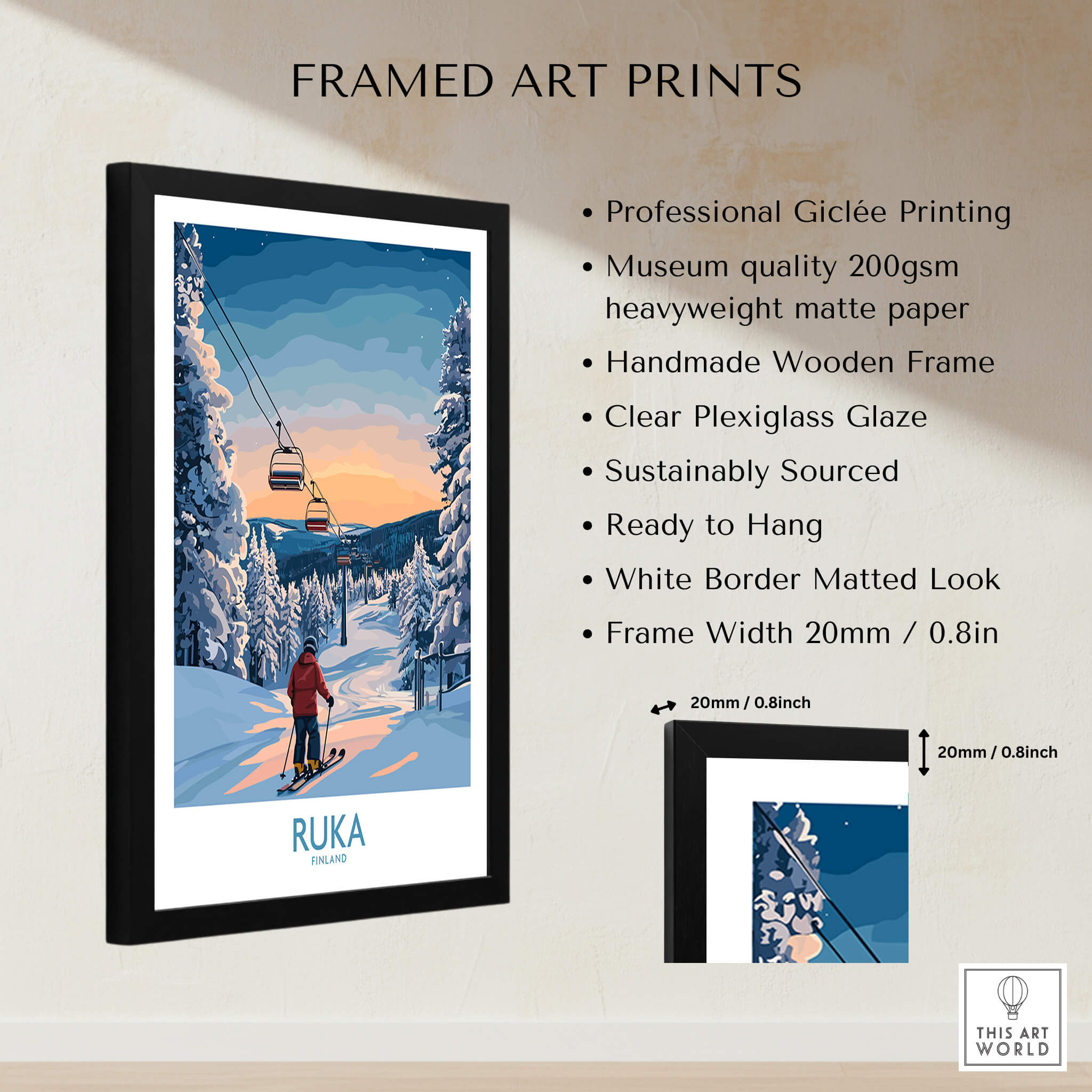 Finland Ski Resort Art - Ruka Snow Scene Print, Scandinavian Wall Decor with wooden frame and giclée printing.