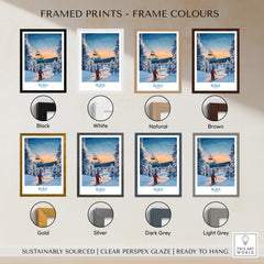 Finland Ski Resort Art - Ruka Snow Scene Print, Scandinavian Wall Decor framed in various colors including black, white, and gold.